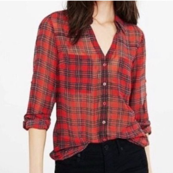 Express Tops - Express Red Plaid Portofino Sheer Roll Tab Shirt Size SP